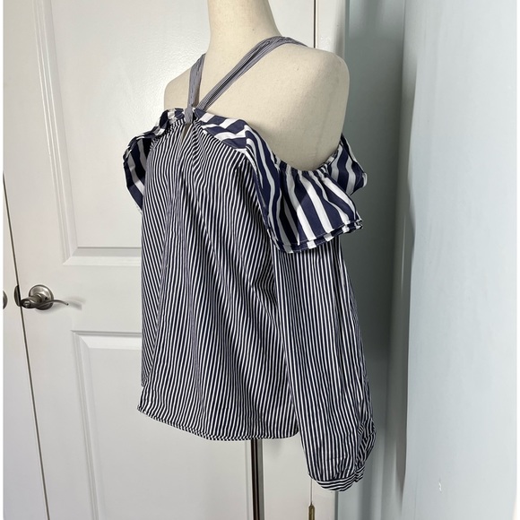 J. Crew Ruffles Off Shoulder Tie Neck blue stripes Top size 2 - Picture 5 of 8